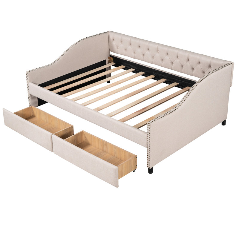 Beige Daybed With Two Drawers And Strong Wood Slat Structure - Make Your Home More Attractive Full Size Drawers, Upholstery & Back Enhance Comfort