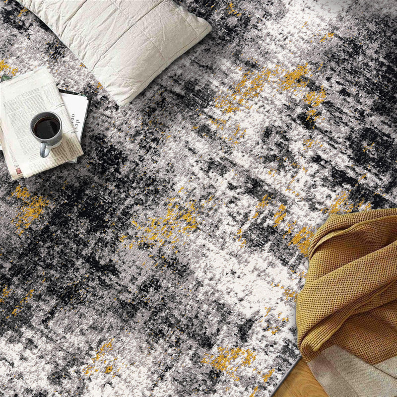 Abstract Yellow/Black/Grey Area Rug, Rectangle 7'10" x 10'