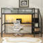 Lit mezzanine en métal avec bureau, escalier de rangement, petite armoire et lumière DEL