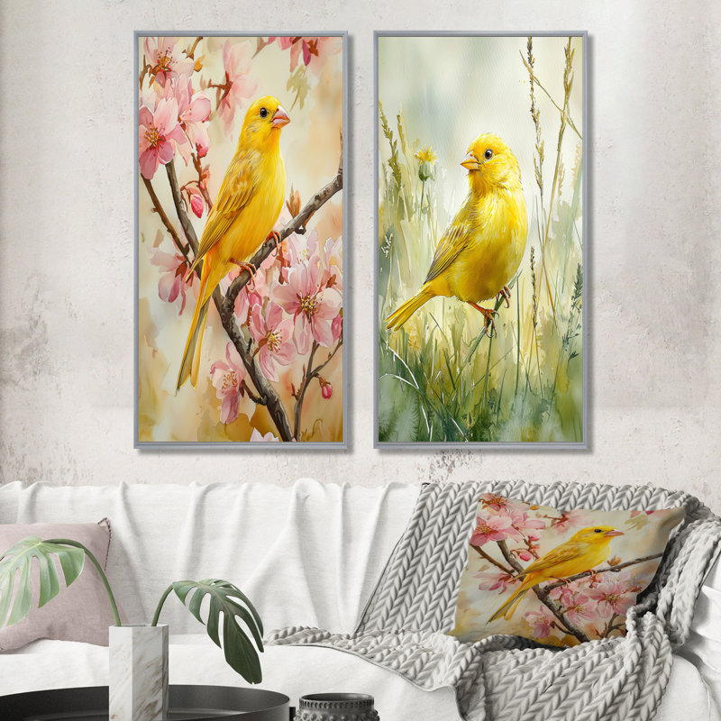 Oiseau canari dans les fleurs I - Collection d'art mural 2 panneaux animaux, H 40 po x l 41 po, Encadrement argenté