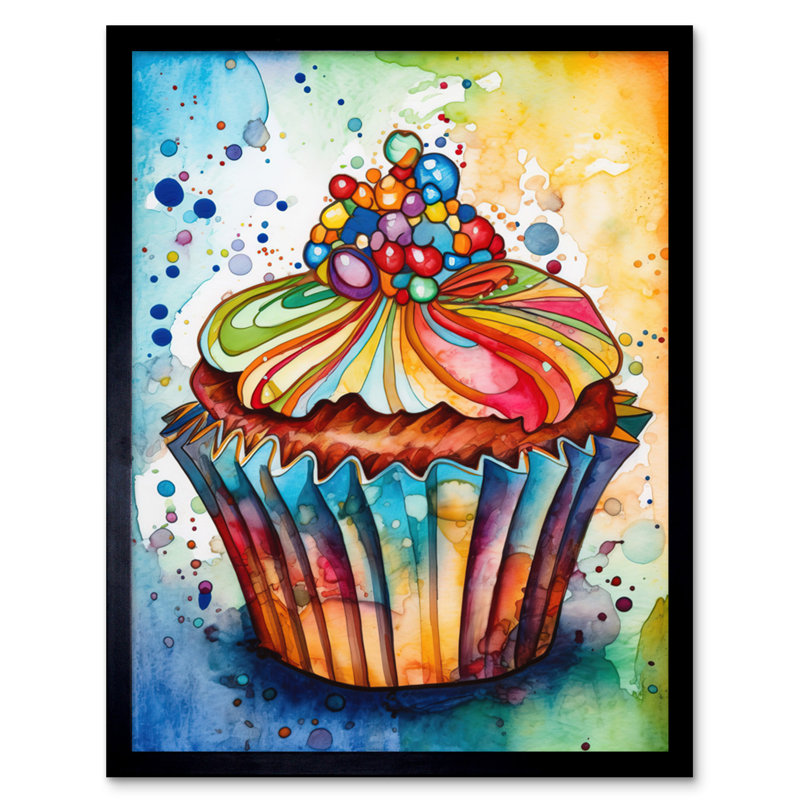 Cupcake With Sprinkles Vibrant Watercolour Painting Artwork Framed Wall Art Print 9X7 Inch