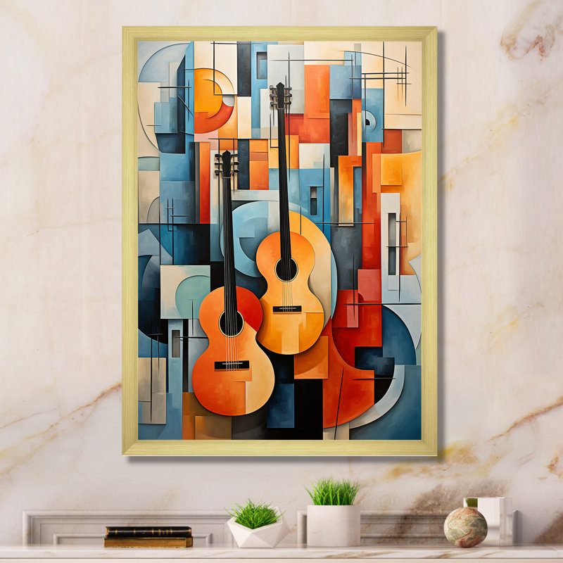 «Cubist Interplay Music Collage», reproduction d'art sur toile, Cadre doré simple, H 44 po x l 34 po x P 1,5 po