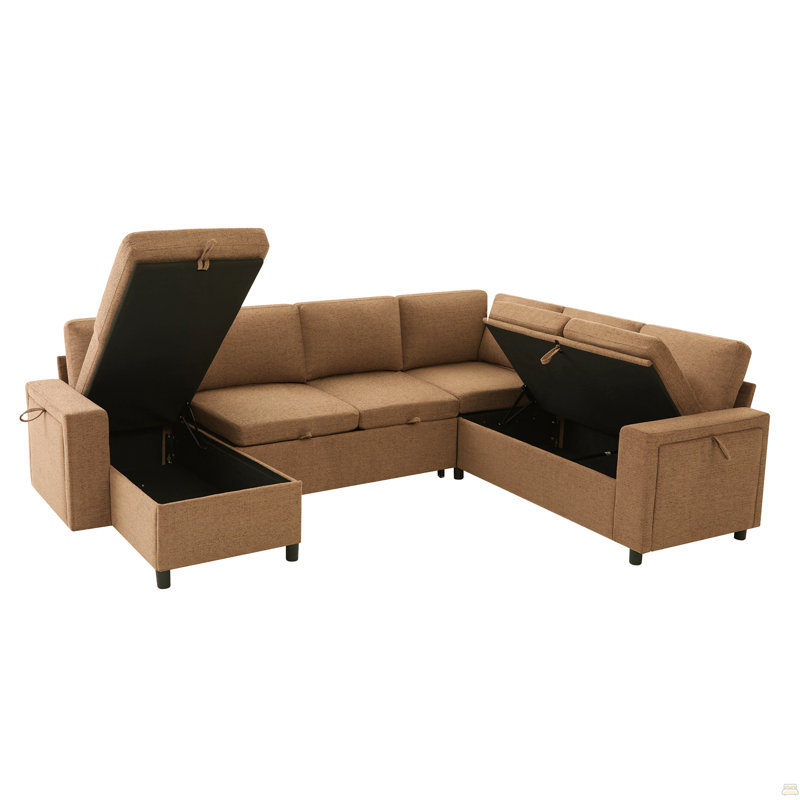 Canapé-lit modulaire en U convertible avec rangement, chargeur USB et porte-gobelets, canapé-lit en chenille rembourré pour le salon, brun