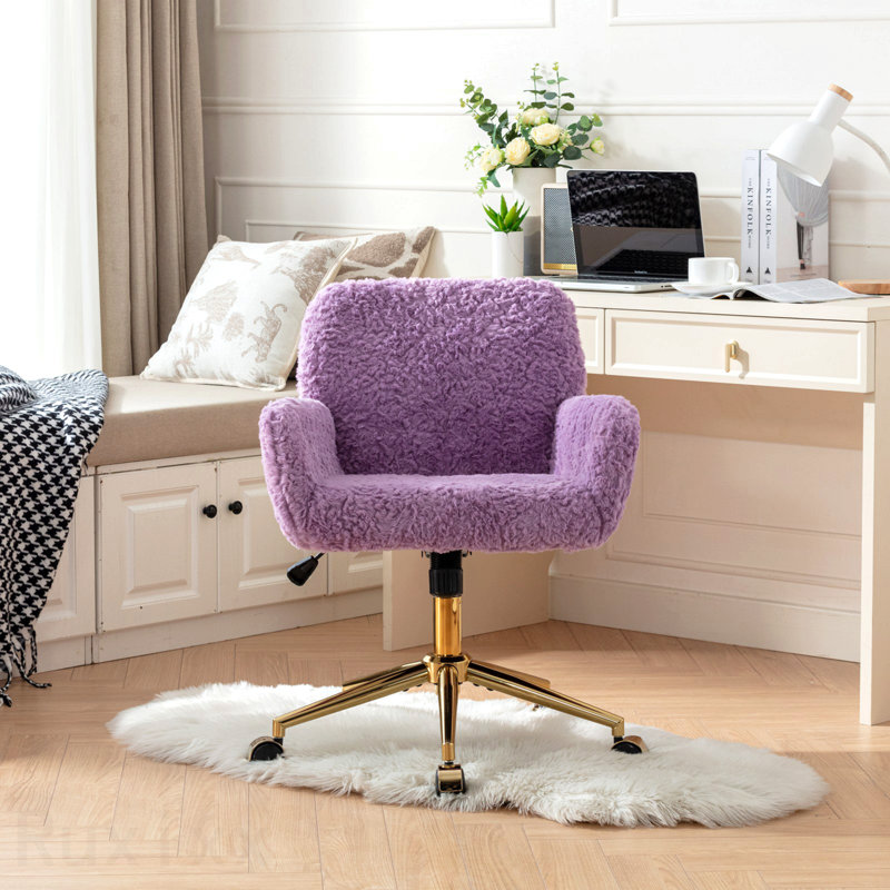 Violet Office Chair, Artificial Rabbit Hair Home Office Chair, With Golden Metal Base, Adjustable Desk Chair Swivel Office Chair, Vanity Chair