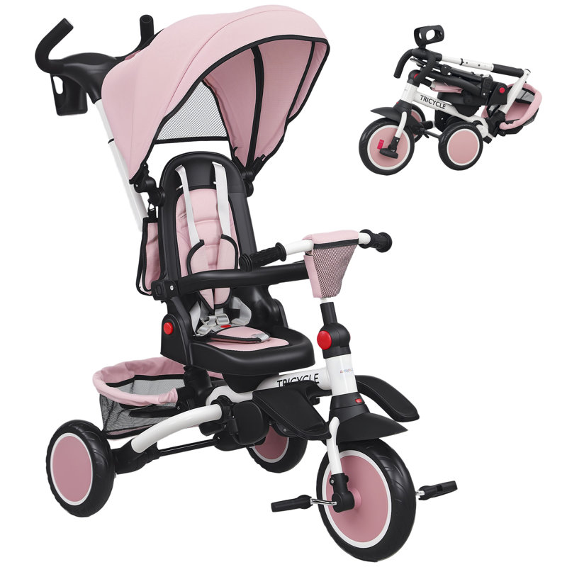 Tricycle pour enfants, tricycle pliable pour bébé 6 en 1 avec poignée réglable, poussette tricycle avec auvent amovible, siège réversible, harnais de sécurité, garde-corps détachable, rangement pour 1-5 ans, rose