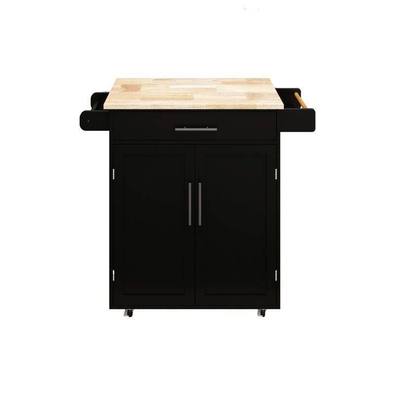 Rolling Trolley Kitchen Island With 1 Drawer & 2 Doors, Adjustable Shelves, Towel Rack Dividers And Pocket, Seasoning Rack, Black Rubber Wood Tabletop Cart Drawer, Slots Shelf,
