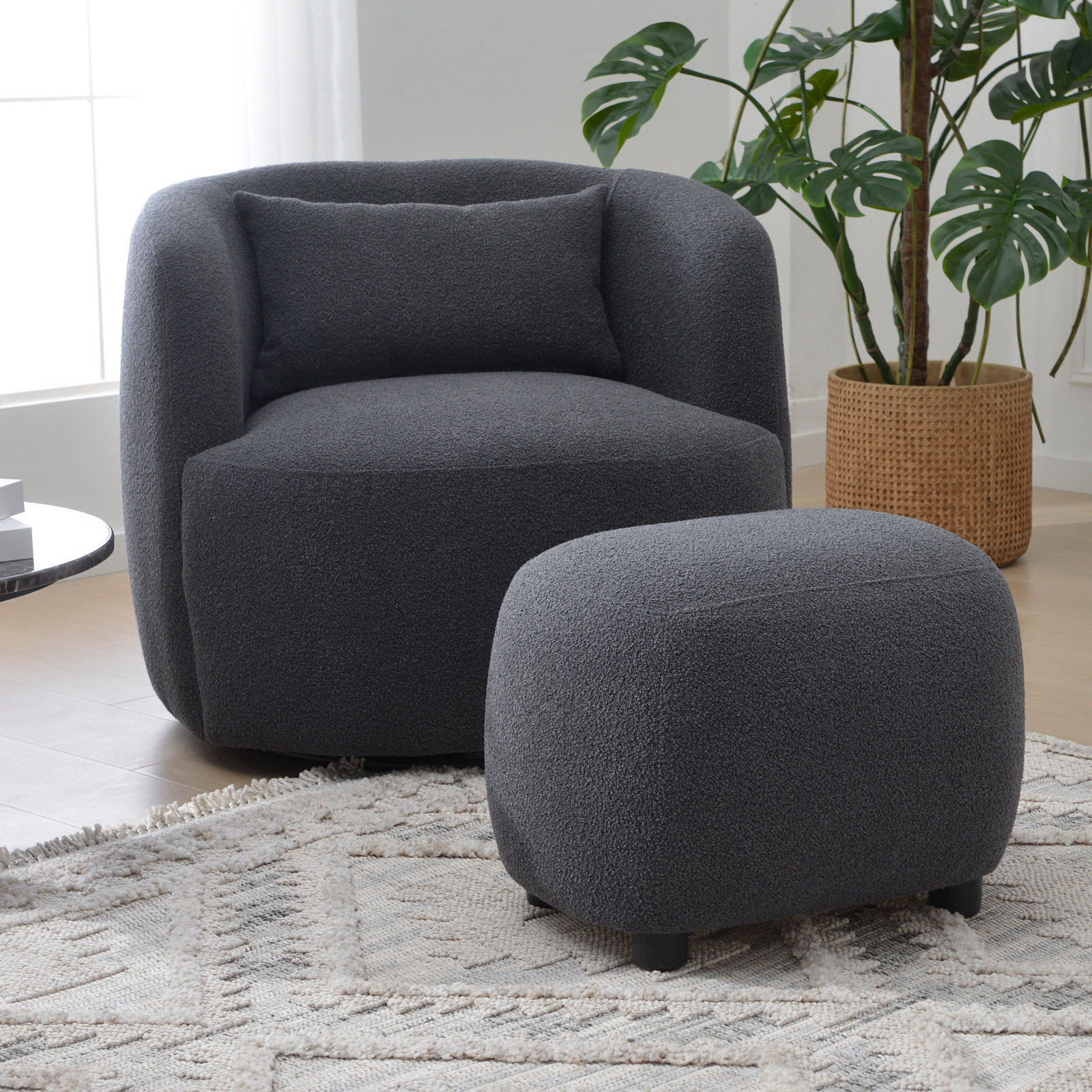 Aria Upholstered Swivel Armchair with Ottoman, Dark Gray