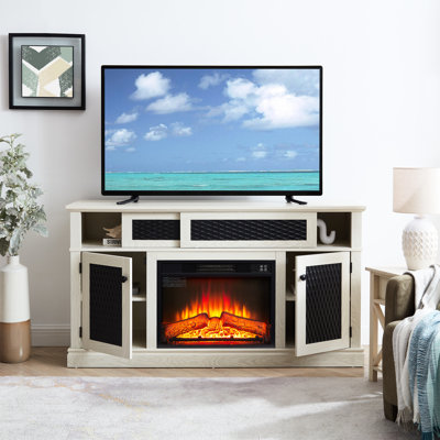 Tv Stand With Pattern And Hidden Storage - 65" Fit, White Fireplace Open Shelf Compatible, White, 31.7H