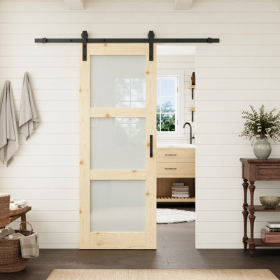 Porte intérieure à 3 panneaux en pin et verre dépoli trempé, 30 po x 80 po, avec quincaillerie noire de style porte de grange. Convient au salon et au garde-manger.