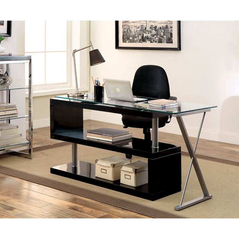 Kelford L-Shaped Glass Top Writing Desk, Black