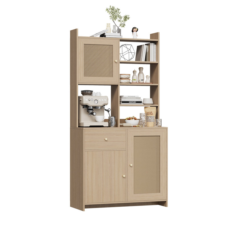 71" Tall Kitchen Pantry Cabinet, Farmhouse Hutch with Microwave Stand, Buffet w/ Rattan Doors & Drawers, Natural, Brown