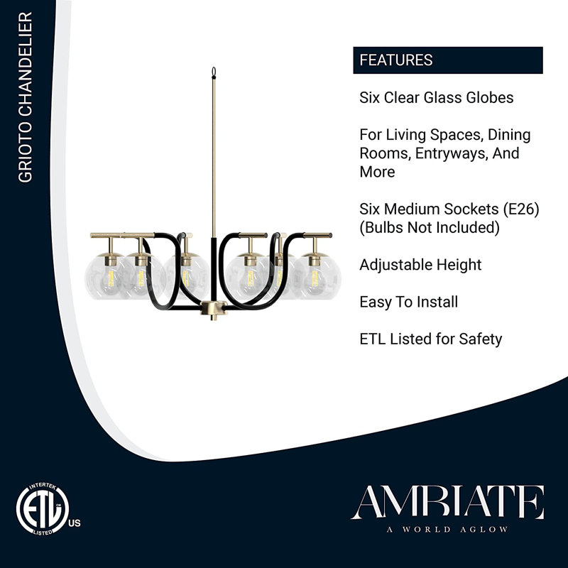 Lustre classique à 6 lumières avec abat-jour, Or, H 29 po x l 27 po x P 8,23 po