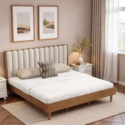 Wood Bed With Piano Key Style Upholstered Headboard And Strengthened Bed Frame