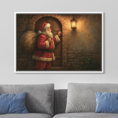Père Noël qui frappe à la porte, chambre de Noël classique, décoration murale, scène de cadeau de nuit, reproduction d'art sur toile encadrée