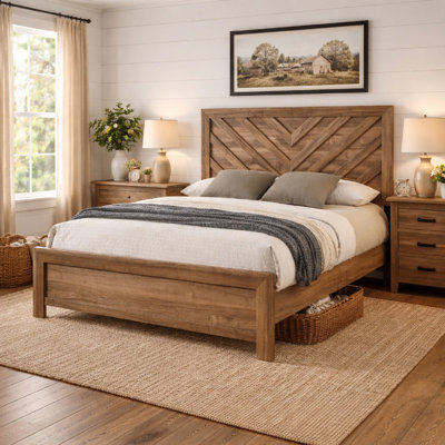 Chevron Wood Platform Bed Frame with Textured Headboard and Warm Natural Finish