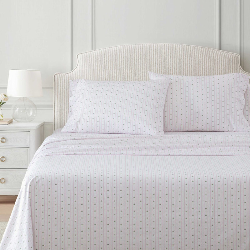 Martha Stewart Cotton Percale  Sheet Set, King Sheet Set with 2 Pillowcases, Floral Stripe Pink