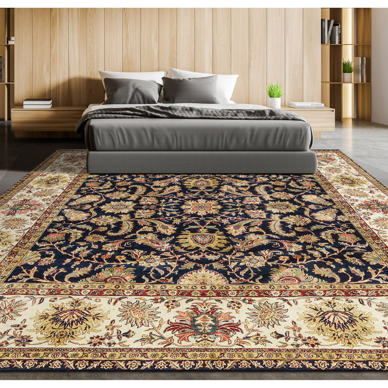Tapis bleu et bleu noué à la main de haute qualité