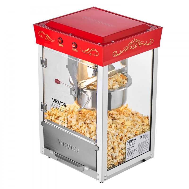Machine à maïs soufflé, bouilloire en acier inoxydable de 8 oz, machine à maïs soufflé commerciale de comptoir de 800 W, 48 tasses par lot de style salle de bain, avec porte murale en verre à 2 boutons de contrôle, 1 cuillère et 3 cuillères, rouge