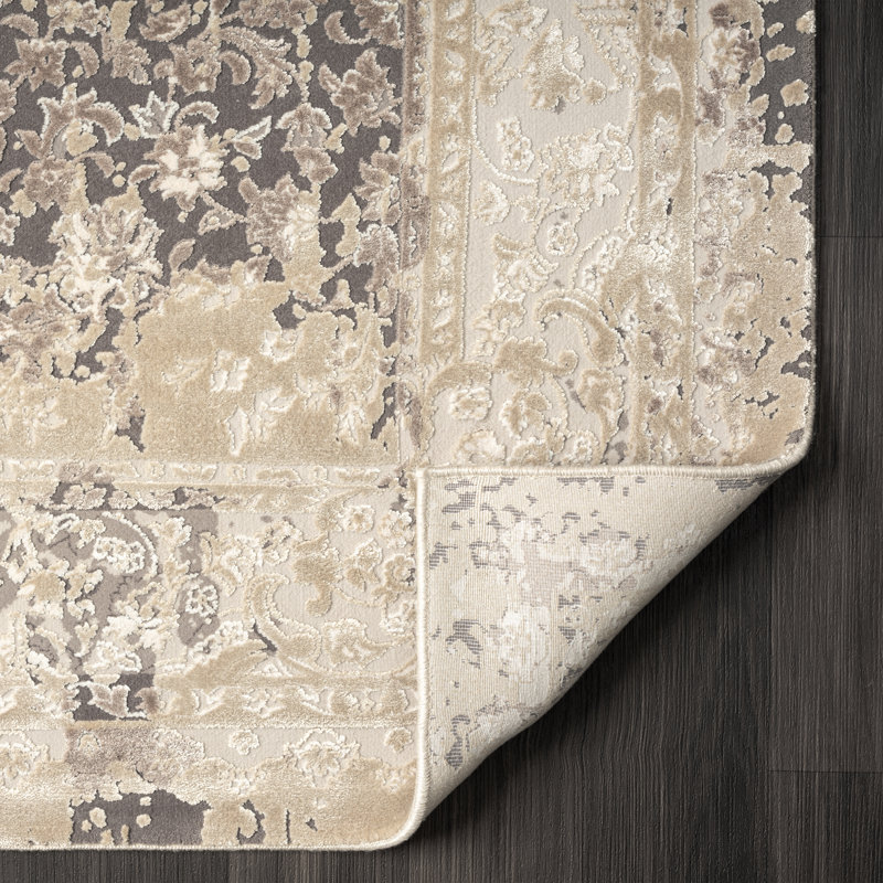 Tapis beige / gris à motif floral Ophelia Lux, Tapis de couloir de 2 pi x 7 pi