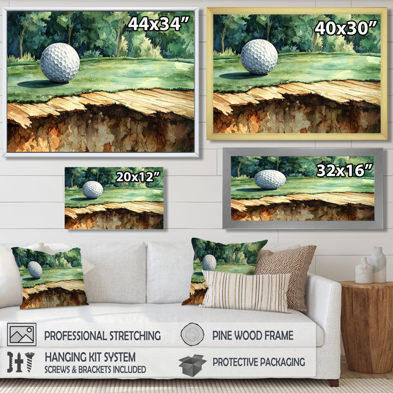 «Chassing the pin», art mural de golf, Cadre simple, H 12 po x l 20 po, Doré