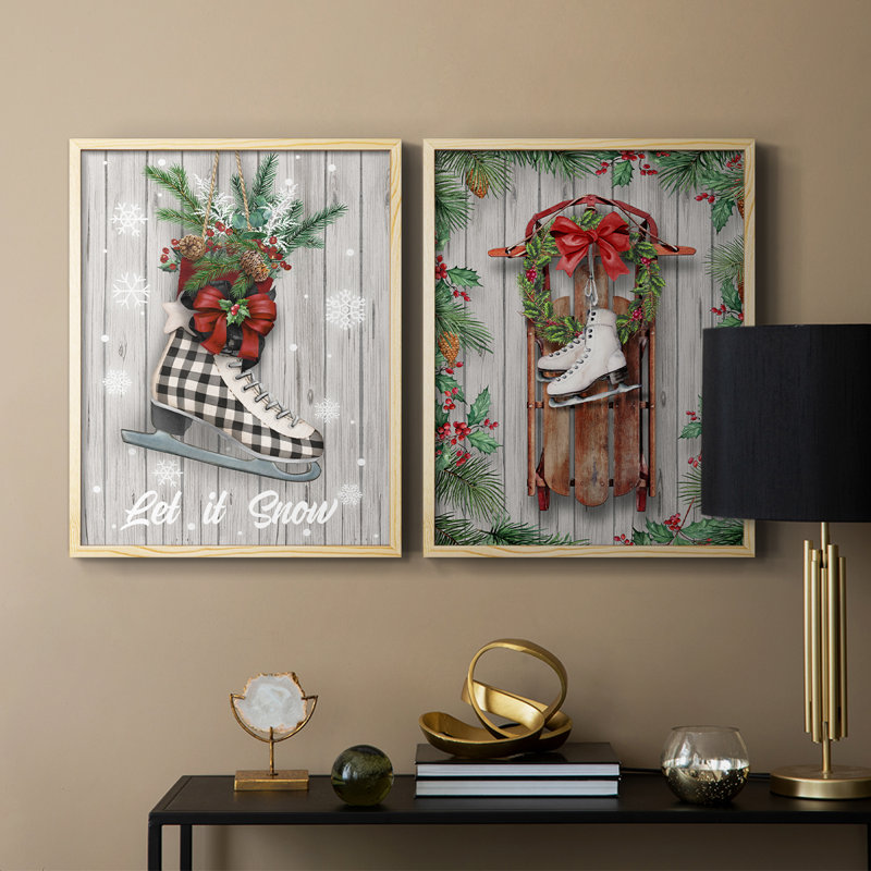Patins de Noël - reproduction encadrée de qualité supérieure - prêt à être accroché - aucun clou requis - aucun clou requis