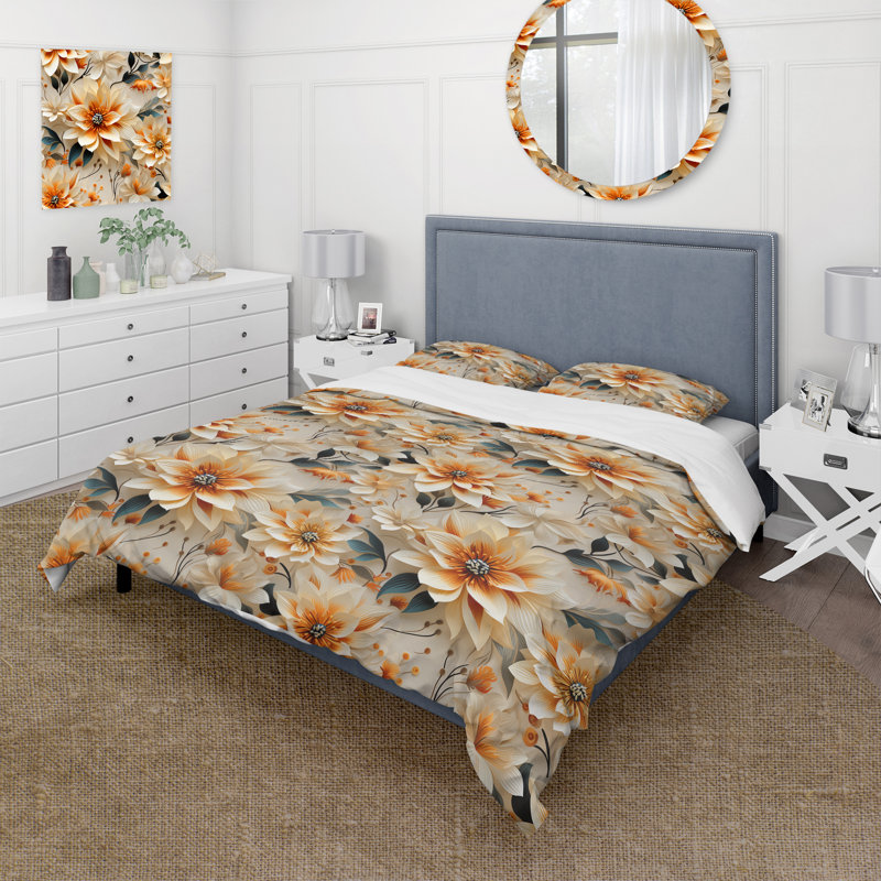 Ensemble de housse de couette à motif floral orange et beige, Housse de couette simple + 1 taie décorative stan
