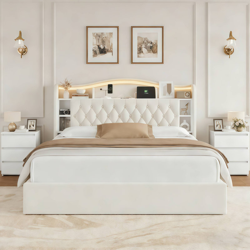 3-Piece Bedroom Sets, Velvet Upholstered Bed With LED Headboard, 2  Nightstands, Queen