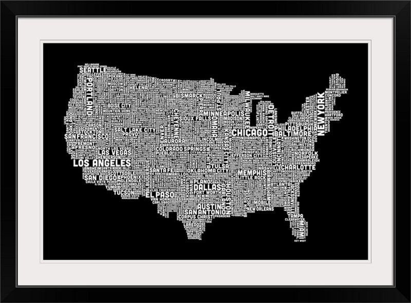 Art textuel de Francy, «États-Unis avec villes» par Abarca, H 20 po x l 26 po x P 1 po, Cadre noir, Pas de tapis