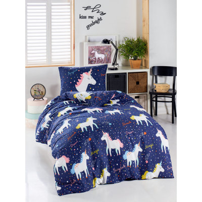 Premium Single Duvet Cover Set, Dark Blue & White with Yellow, Pink & Orange Accents, 55.1 x 78.7 inches | 65% Cotton & 35% Polyester, 120 Thread Count | Machine Washable, Button Closure for Duvet & Envelope Pillowcase