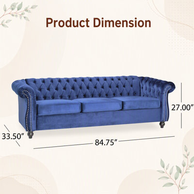 Luxurious 3 Seater Sofa with Velvet Upholstery, Button Tufting, and Elegant Nailhead Accents for Timeless Living Room Style.