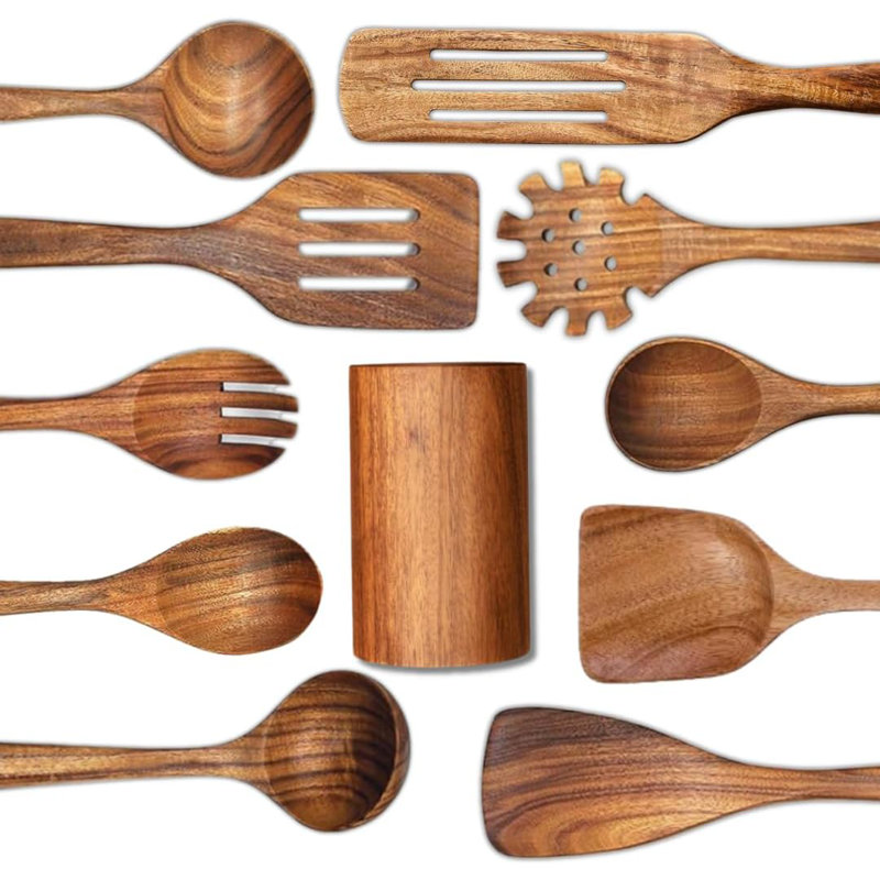 Ensemble d'ustensiles de cuisine en bois de teck naturel 11 pièces avec support en bois - ustensiles de cuisine résistants à la chaleur et écologiques pour batterie de cuisine antiadhésive