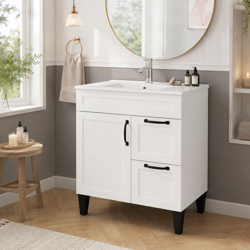 Meuble-lavabo autoportant blanc 32 po avec lavabo en céramique 32 po, 1 porte et 2 tiroirs à fermeture en douceur