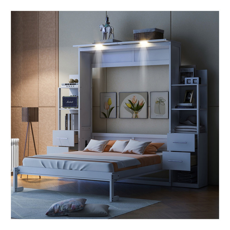 Lit escamotable peu encombrant avec rangement intégré et éclairage DEL, Blanc
