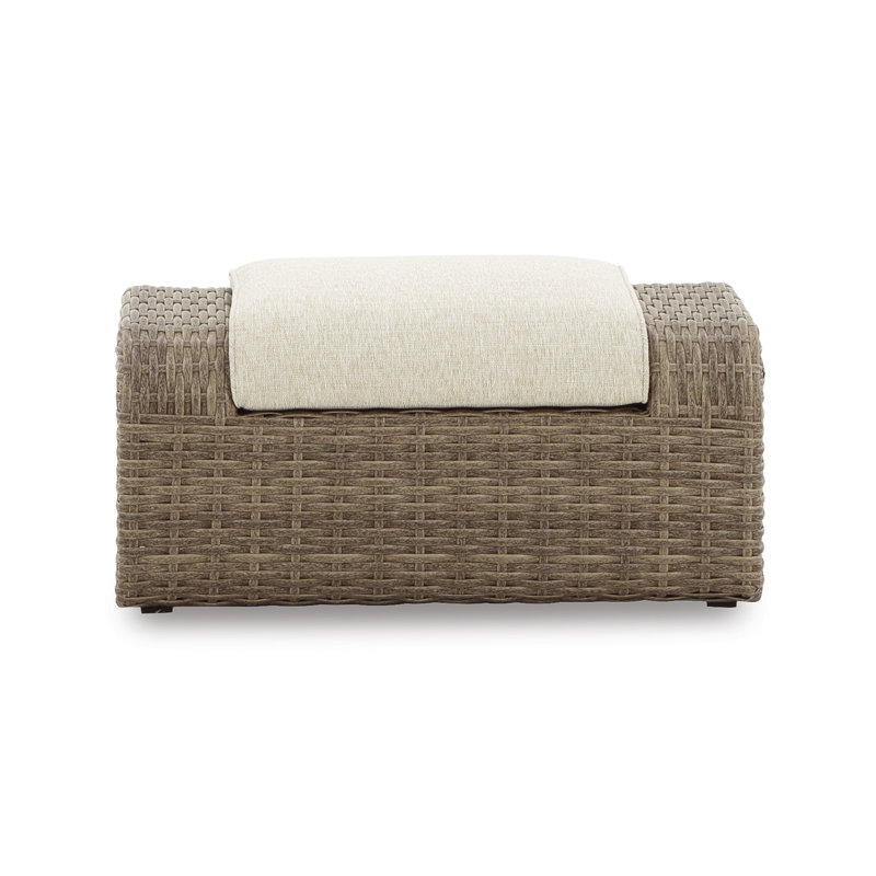 Beige Resin Wicker Outdoor Ottoman with Cushion