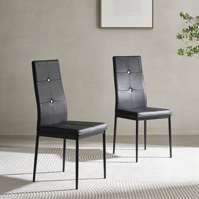 Black Faux Leather High-Back Side Chairs, Dining Chairs With Black Metal Legs , 2