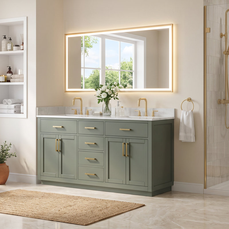 Ensemble meuble-lavabo double Ivy 60 po, comptoir en pierre reconstituée vert vintage et blanc grainé, sans miroir, 60"