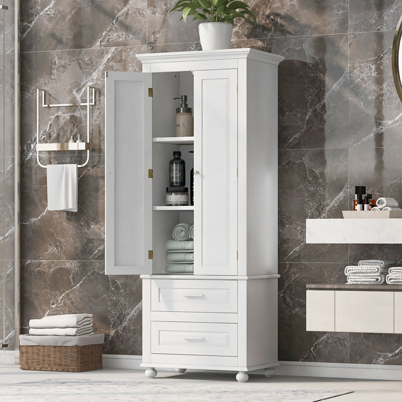 Tall Storage Cabinet with Two Drawers for Bathroom, Waterproof and Durable with Adjustable Shelves, White
