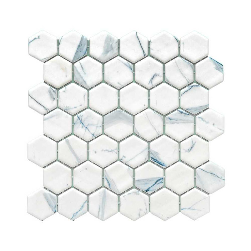 Eterna Hexx 12'' x 12'' Recycled Glass Mosaic, Calacatta Blue