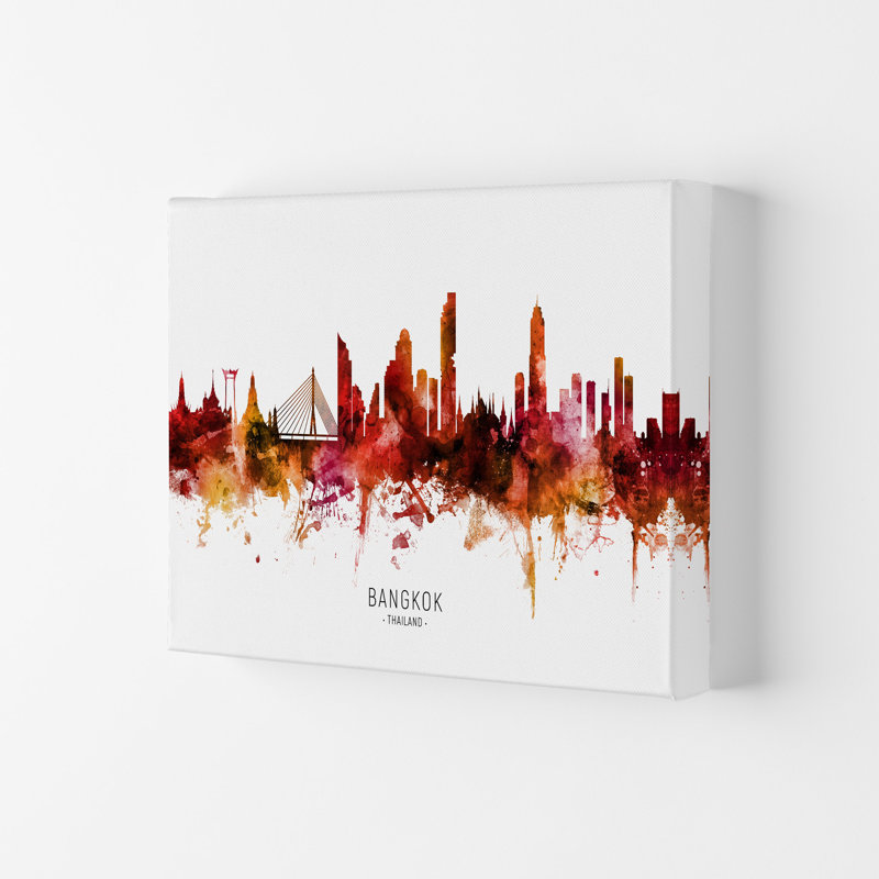 Bangkok Thailand Skyline Red City Name by Michael Tompsett - Print, Wrapped Canvas, 21cm H x 29.7cm W x 4cm D