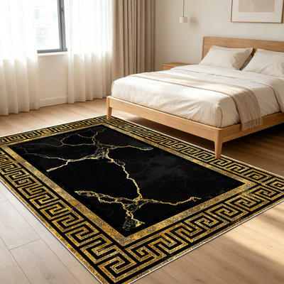 Tapis 1PC en marbre à motifs avec bordure grecque pour le salon, doux et confortable, adapté à toutes les saisons, facile à entretenir, tapis de sol intérieur lavable à la machine, sous la table de ferme convenant à la chambre à coucher, à la salle à manger, au couloir