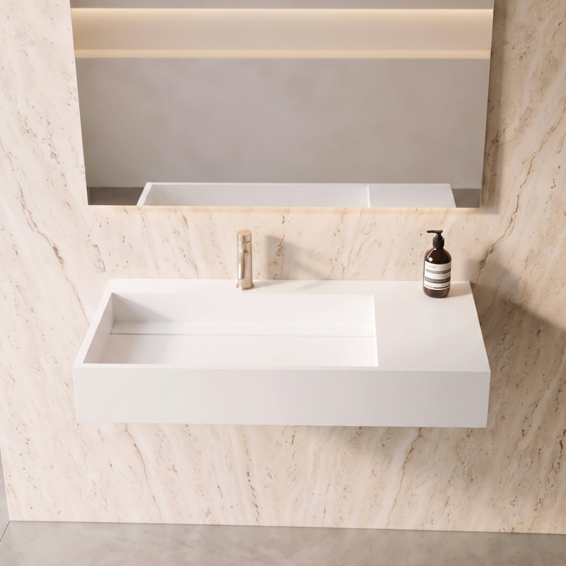 Juniper 36" Rectangular Wall Mounted Bathroom Sink with Left Basin and Counter Space - White, With Faucet Hole, Single, White