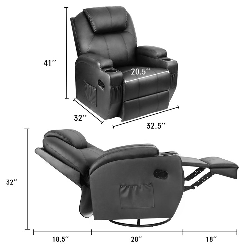 Fauteuil inclinable manuel berçant standard en similicuir de 32,5 po avec masseur Abbotts, Similicuir noir