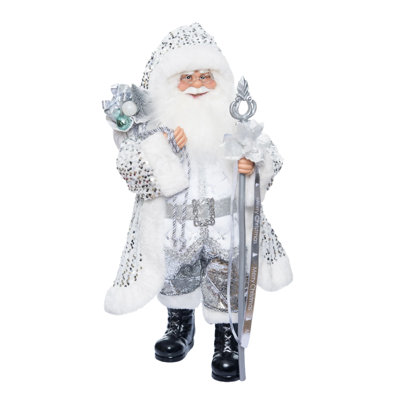 Season's Designs 24in Silver and White Santa with Staff - Elegant Christmas Santa Figurine