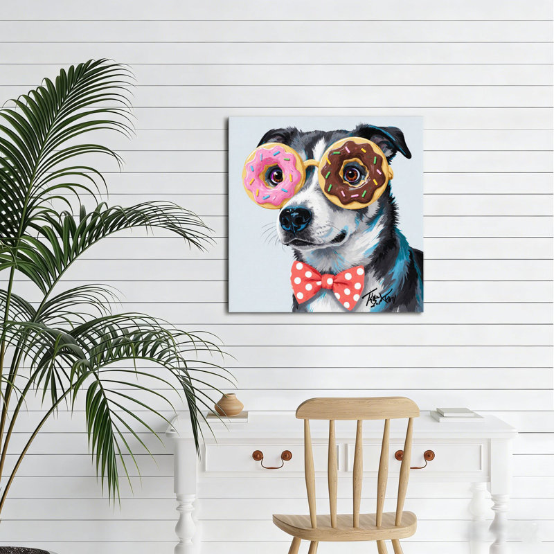 Chien avec lunettes en forme de beigne, cadre en bois intégré, l 16 x L 16