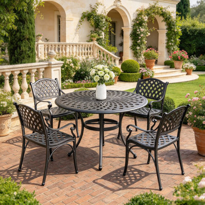 Ensemble de salle à manger 5 pièces pour patio, table basse ronde de 48 po avec 4 chaises, ensemble bistro et chaises d'extérieur en fonte d'aluminium de 4, ensemble de tables de patio avec trou pour parasol de 2,3 po, noir