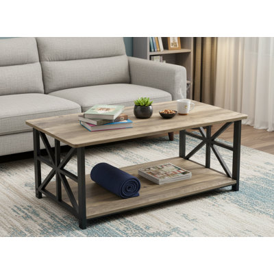 Round Corner Coffee Table, Farmhouse Style Center Table With 2-Tier Storage Shelves, X-Frame Design, Washed Gray, Perfect For Living Room