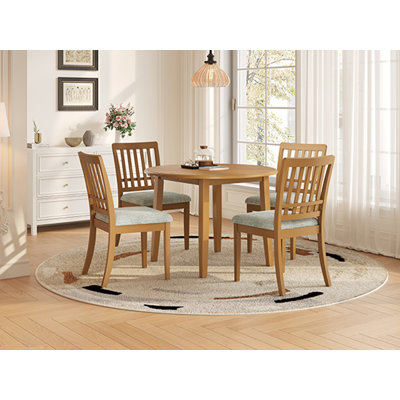 5-Piece Round Dining Table Set for 4 People, 1 Folding Wood Dining Table + 4 Upholstered Chairs, Space-Saving Design for Small Apartments and Dining A