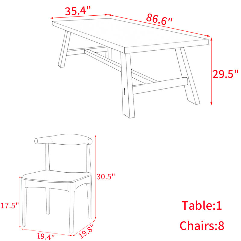 Ensemble de table de salle à manger en bois massif de style nordique, H 29,5 po x L 86,6 po x l 35,4 po