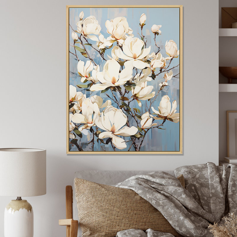 Magnolias en fleurs en blanc, H 32 po x l 24 po x P 1 po, Cadre naturel flottant