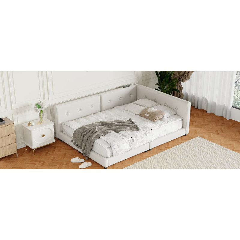 Queen Size Upholstered Bed In Beige - Ports For Gadgets & Base With , Wood Linen Combination, Beige, Queen